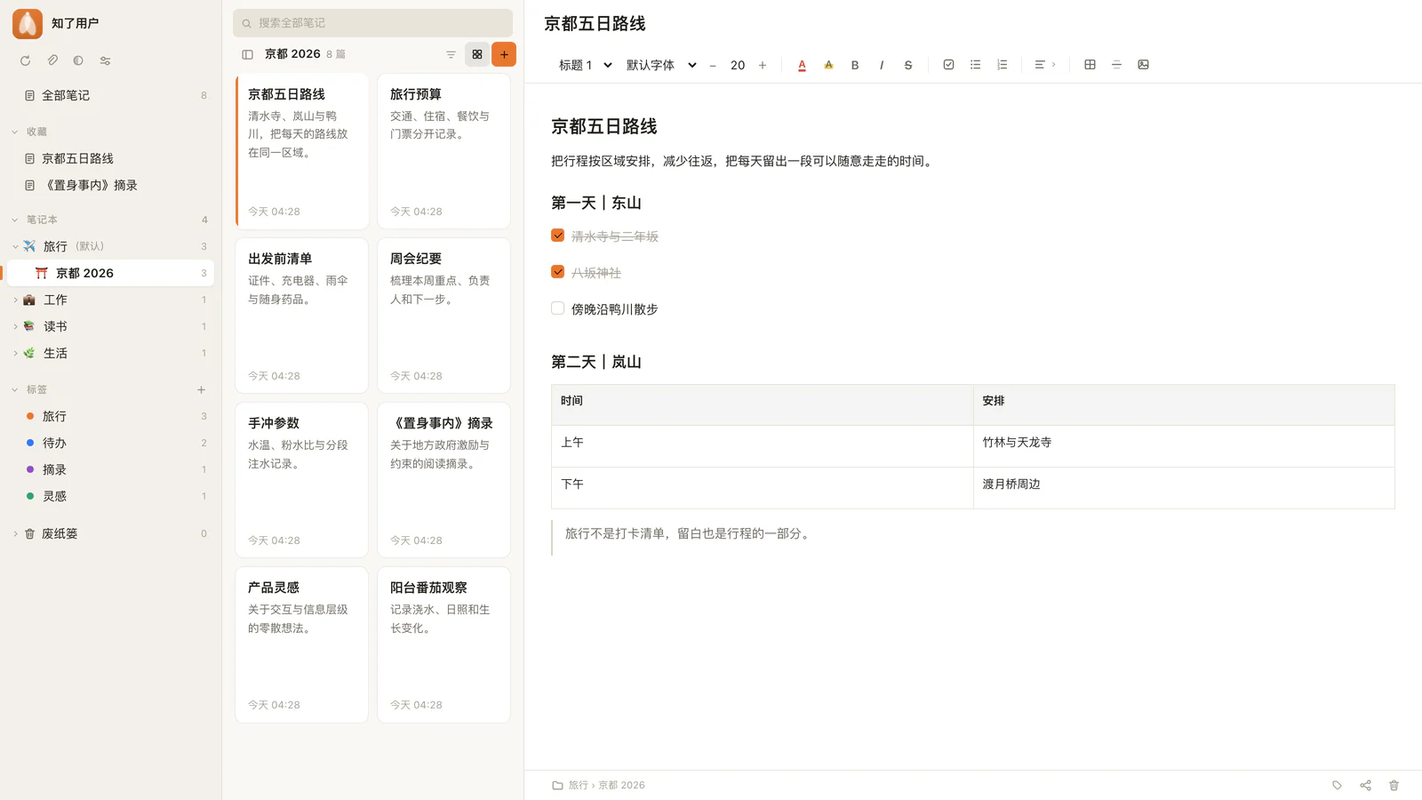 知了笔记桌面端界面，使用虚构的京都旅行演示数据