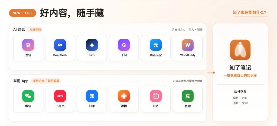 知了笔记 1.8.0：豆包、DeepSeek、Kimi、千问、腾讯元宝、WorkBuddy、微信、小红书、知乎、微博、B站和豆瓣等内容可随手剪藏
